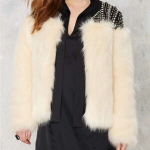 Honey Punch Studded Cream Faux Fur Jacket